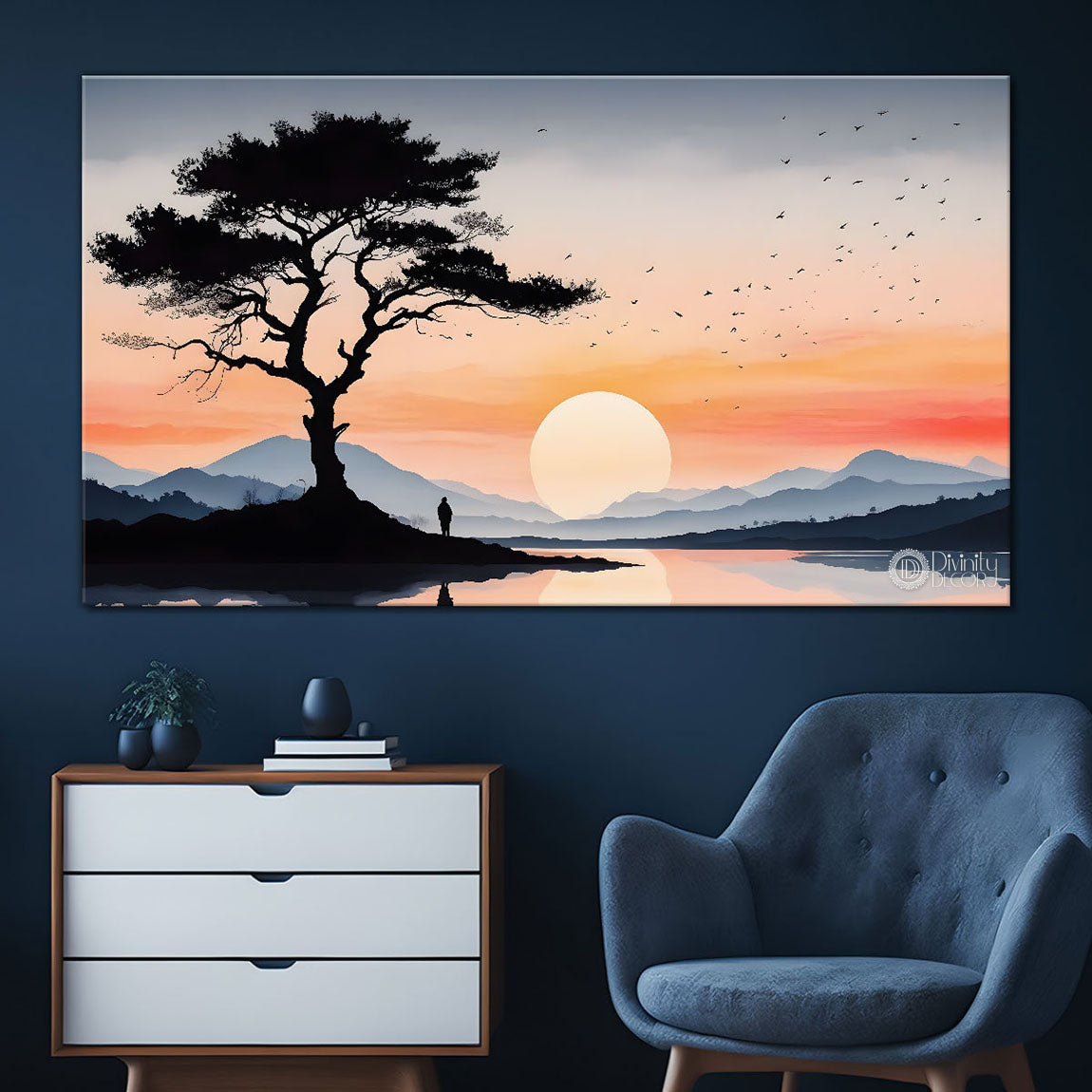 Mountains with trees and sunset in textured water color painting Canvas Painting - Nature Art -177