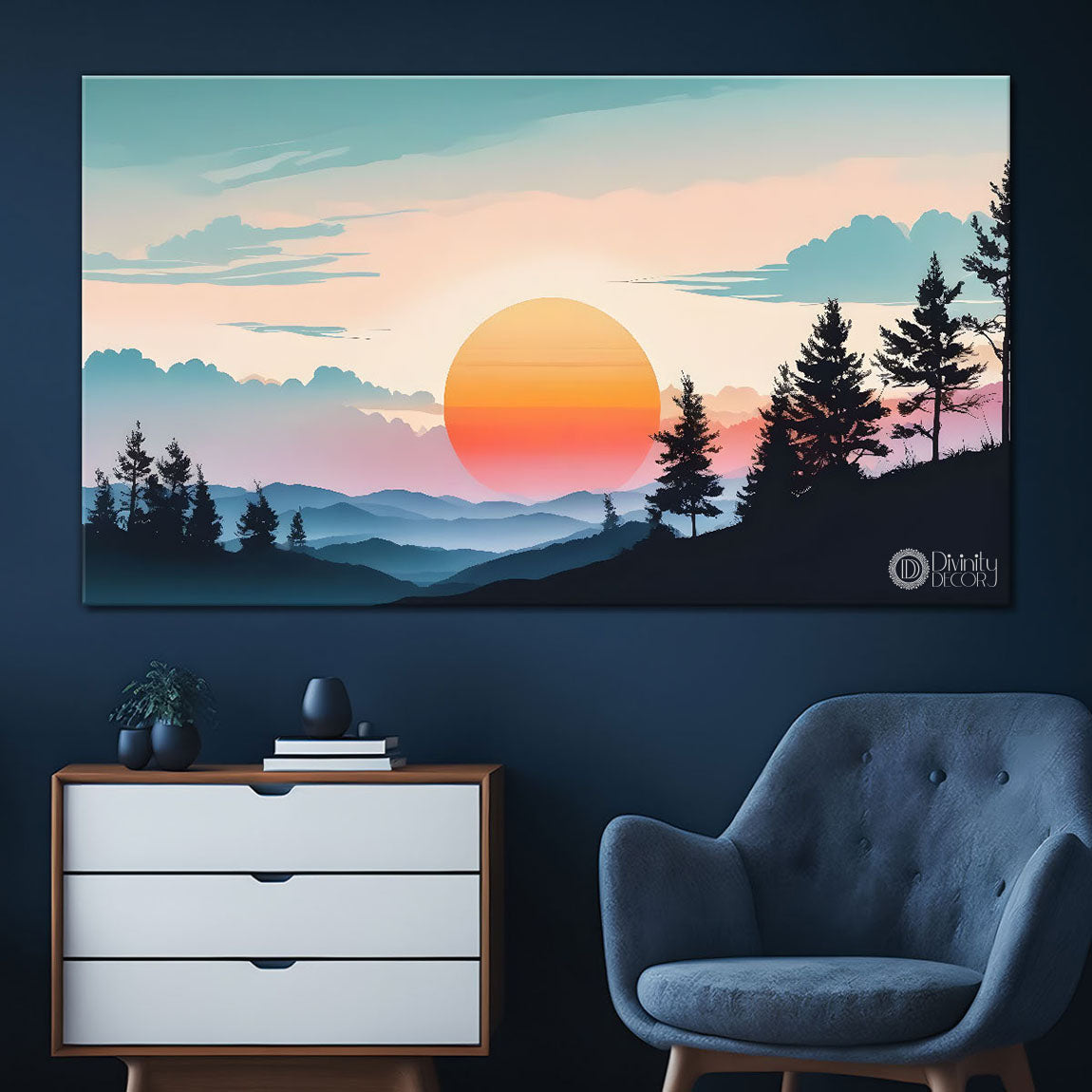 Mountains with trees and sunset in textured water color painting Canvas Painting - Nature Art -178