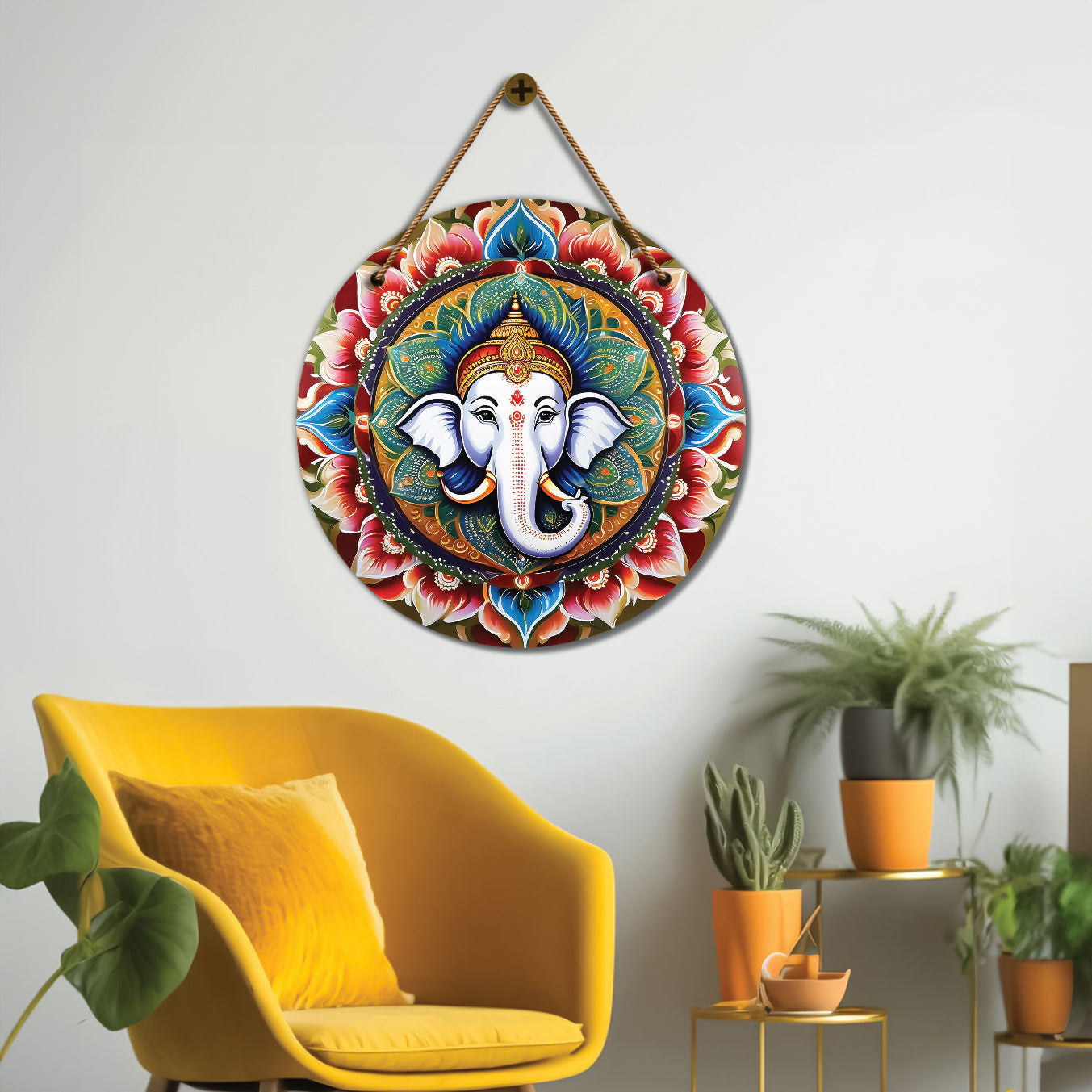 Ganesh Ji in blue and red mandala Round Wooden Wall Hanging for wall Décor - Design - 178