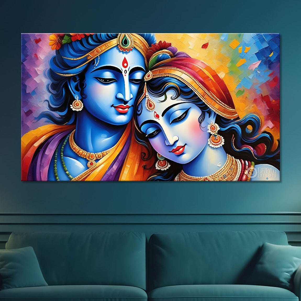 Blue face of Krishna and Radha with colorful background painting Canvas Painting - Design - Krishna-179