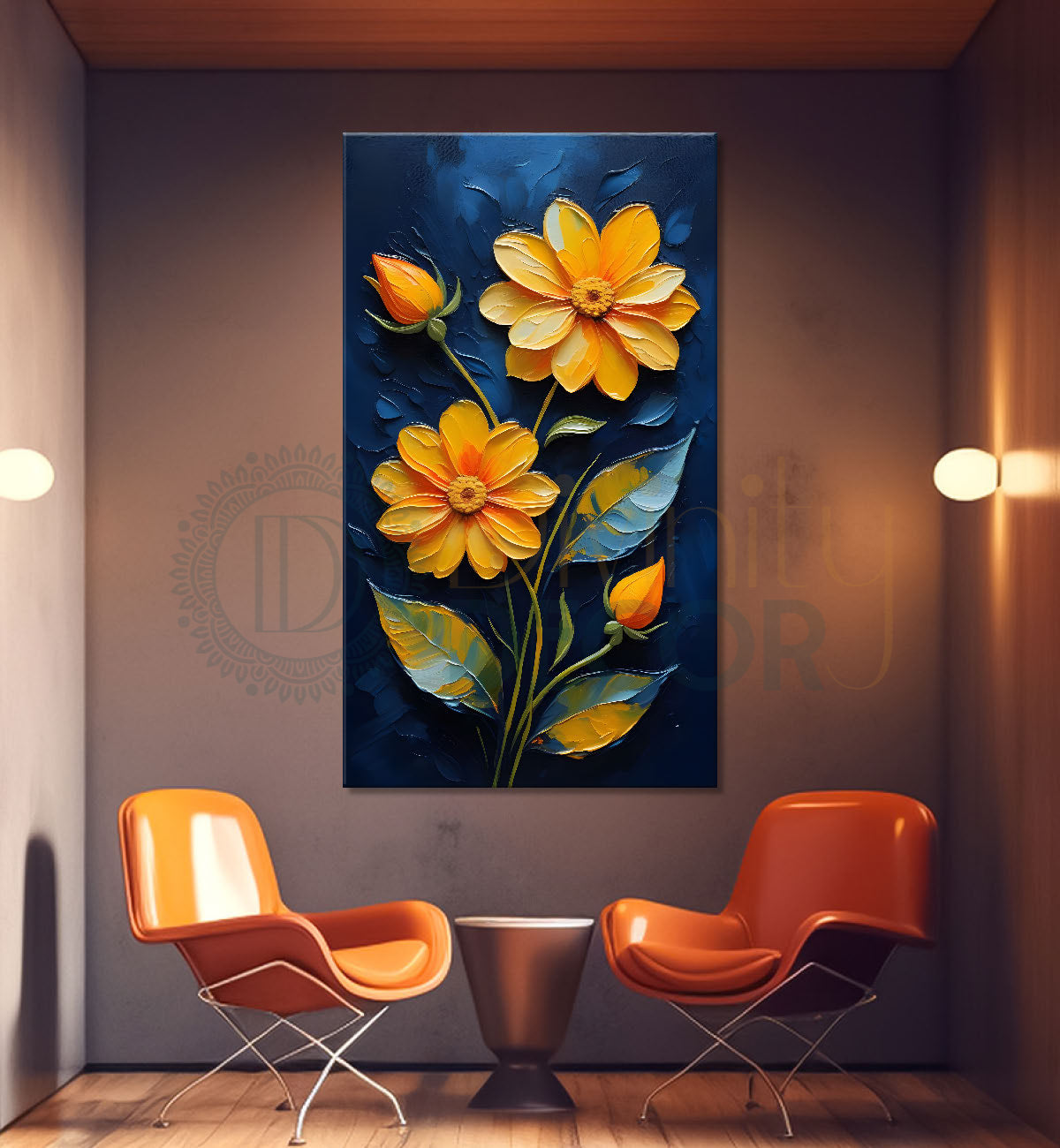 Yellow flowers in dark textured painting- Flower-V-179