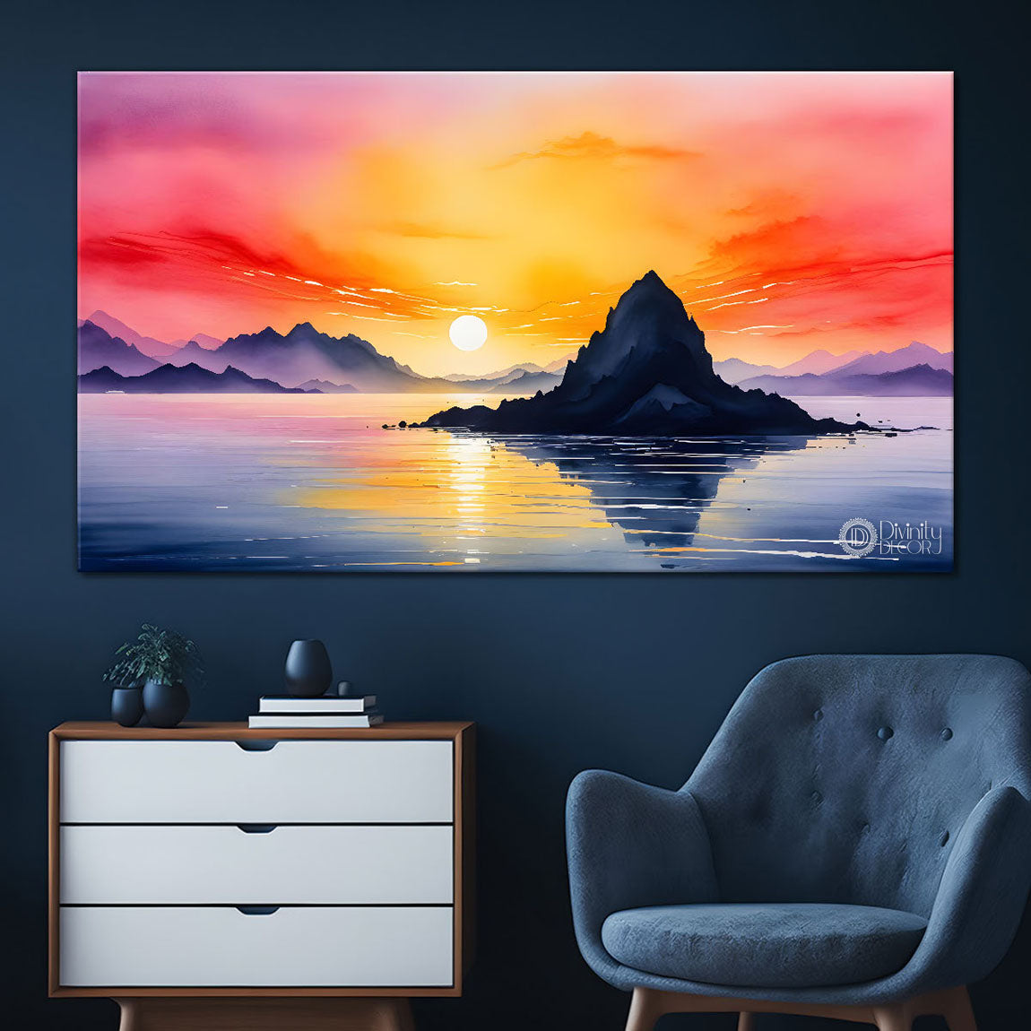 Mountains with sea and sunset in textured water color painting Canvas Painting - Nature Art -179