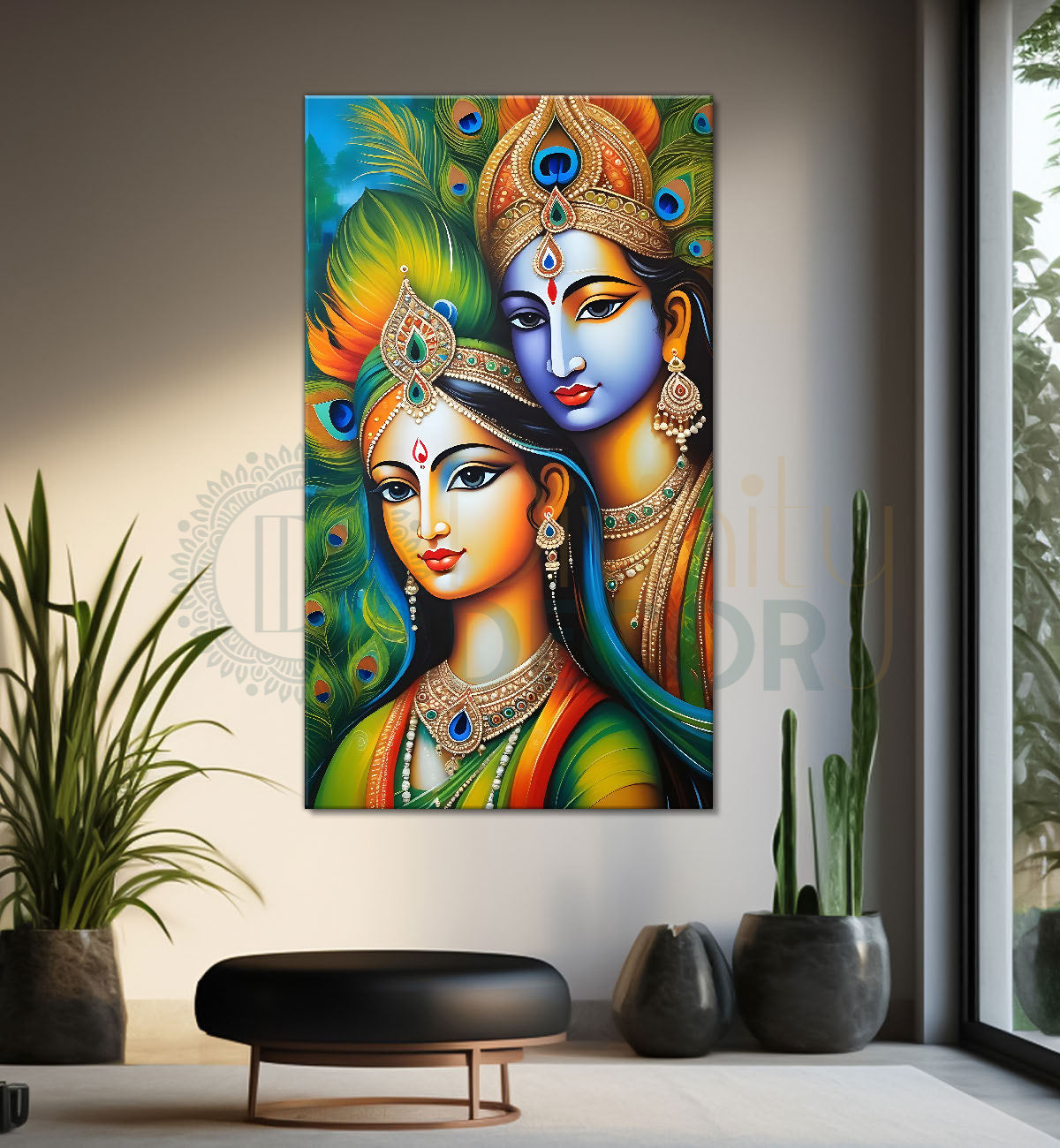 Blue face of krishna with radha in peacock feathers background textured art Canvas Painting - Design - Krishna-V-17