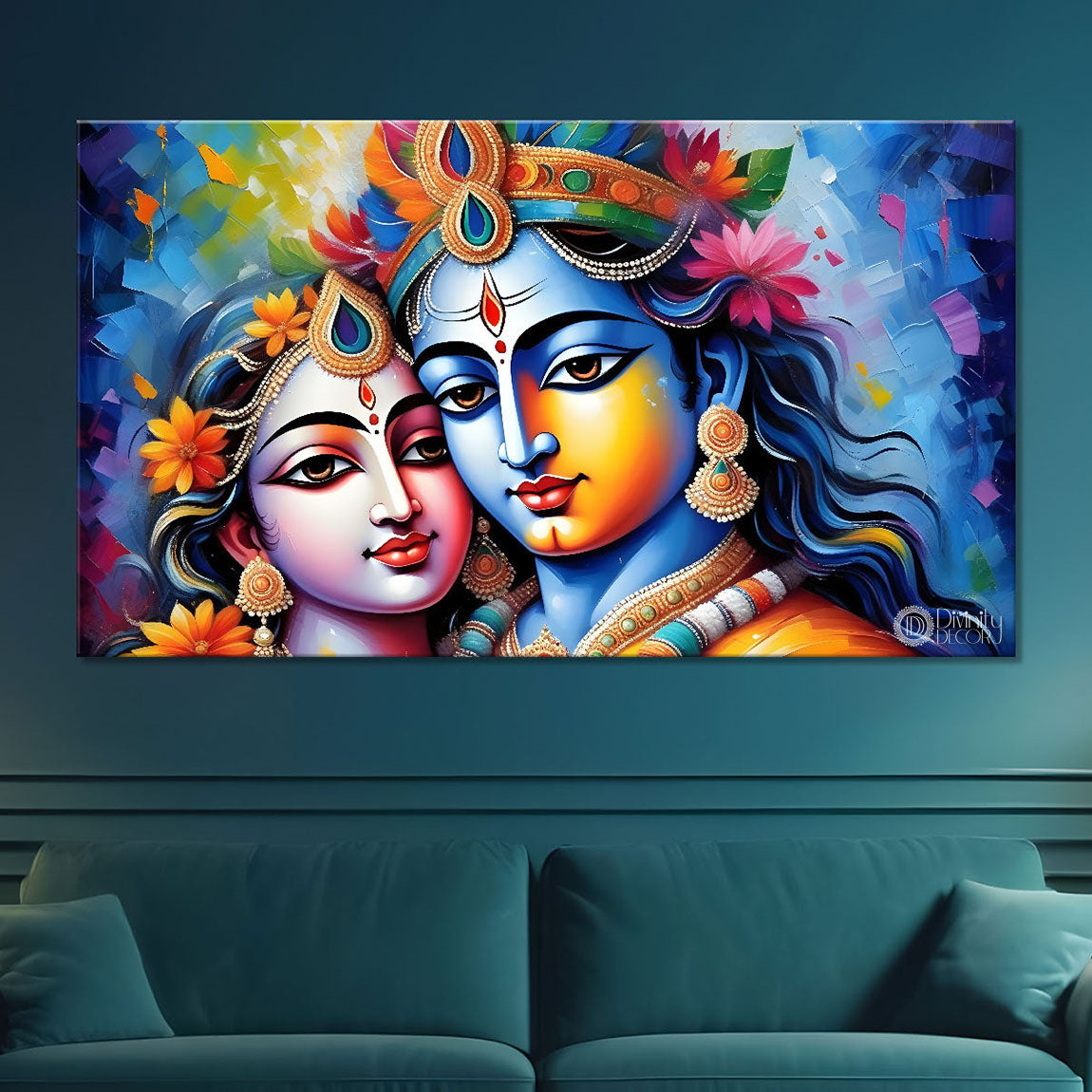 Blue face of Krishna and Radha with colorful background painting Canvas Painting - Design - Krishna-180