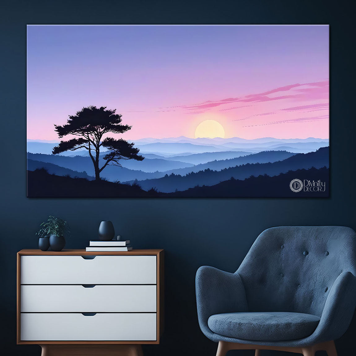 Mountains with tree in textured water color art Canvas Painting - Nature Art -180