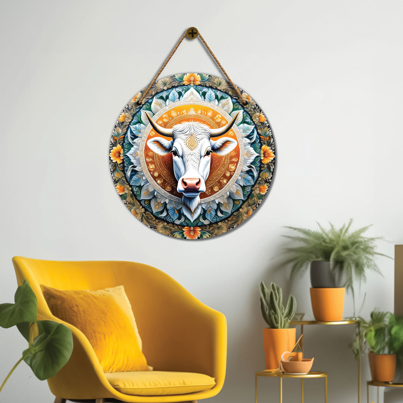 Cow in blue and yellow mandala Round Wooden Wall Hanging for wall Décor - Design - 180