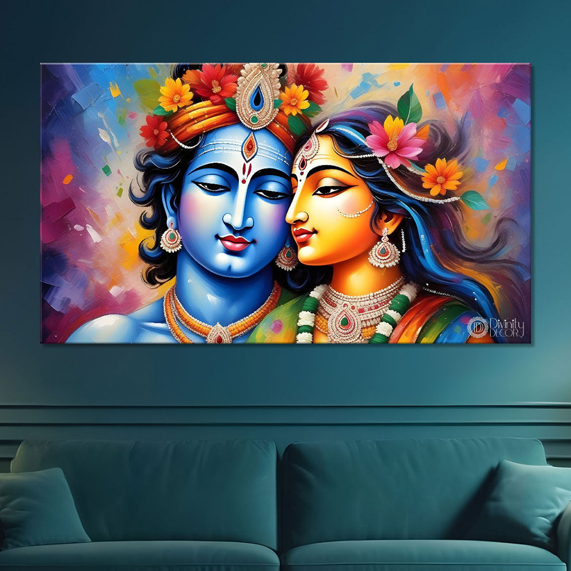 Blue face of Krishna and Radha with colorful background painting Canvas Painting - Design - Krishna-181