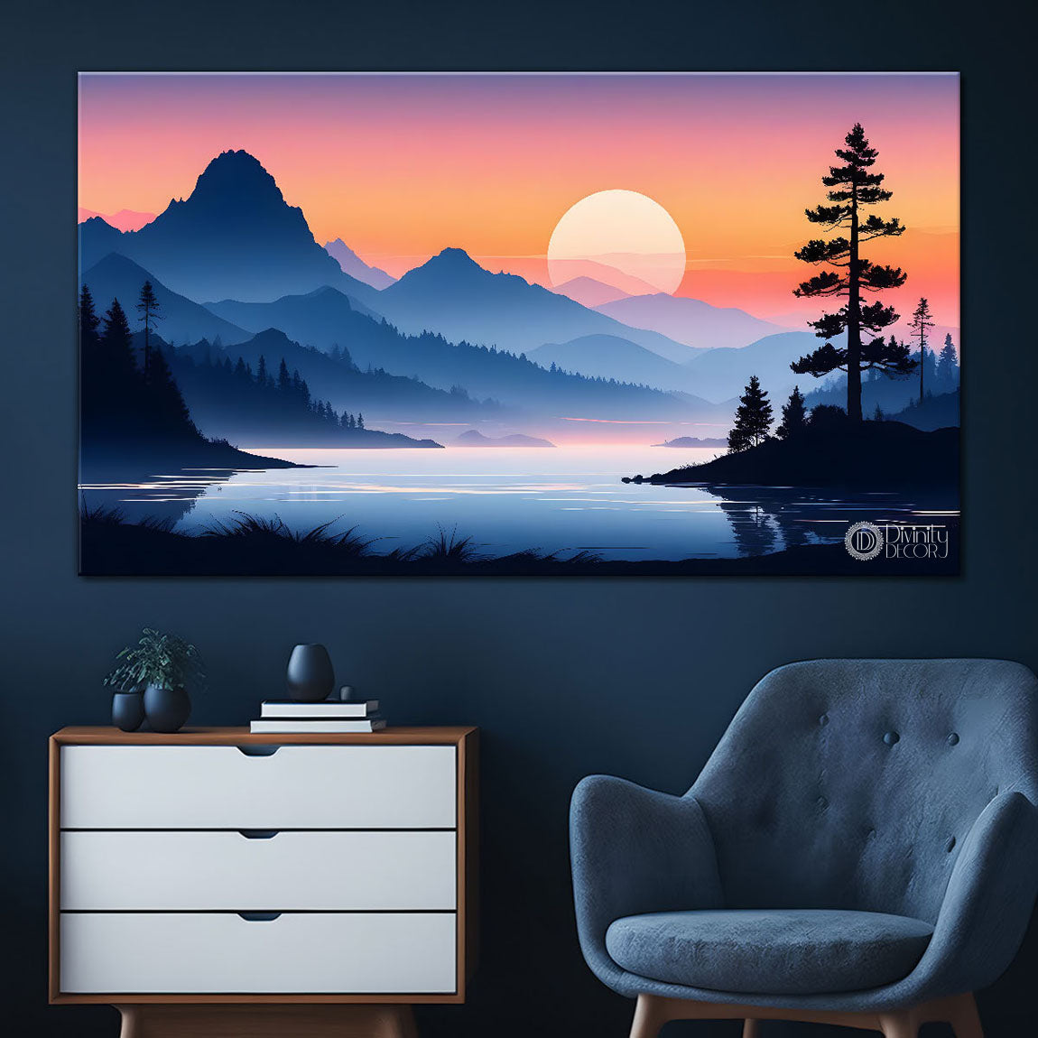 Mountains with trees and sunset in textured water color painting Canvas Painting - Nature Art -181