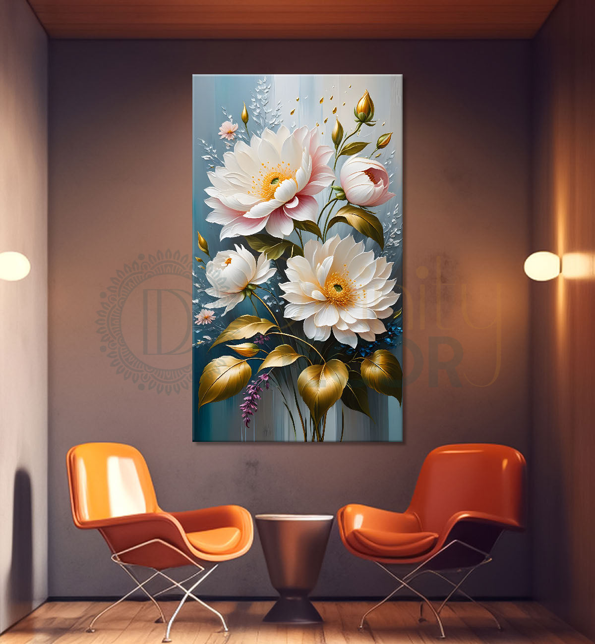 White flowers in grey textured background painting- Flower-V-181