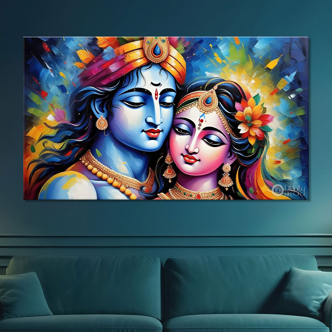 Blue face of Krishna and Radha with colorful background painting Canvas Painting - Design - Krishna-182