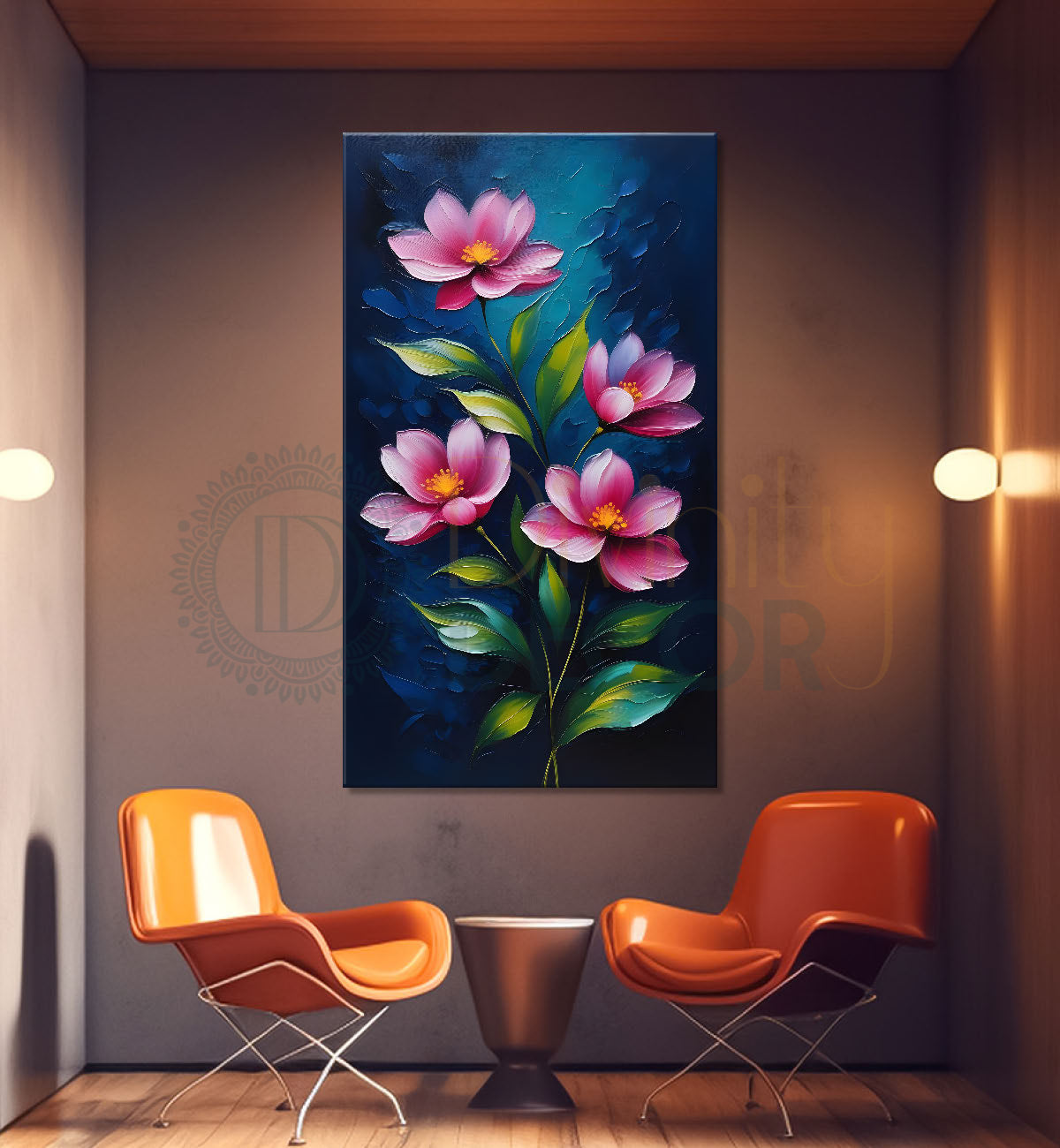 Pink flowers in dark textured painting- Flower-V-182