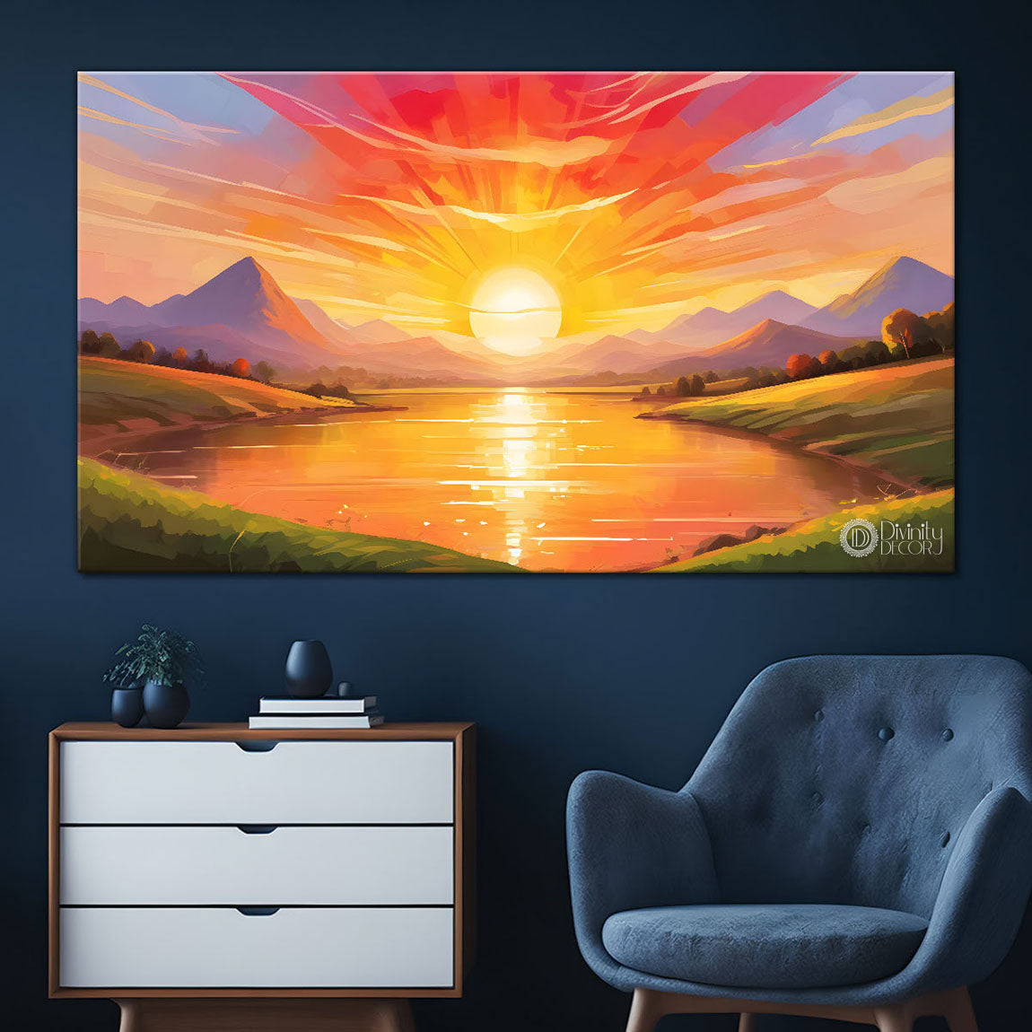 Mountains with river and sunset textured water color art Canvas Painting - Nature Art -182