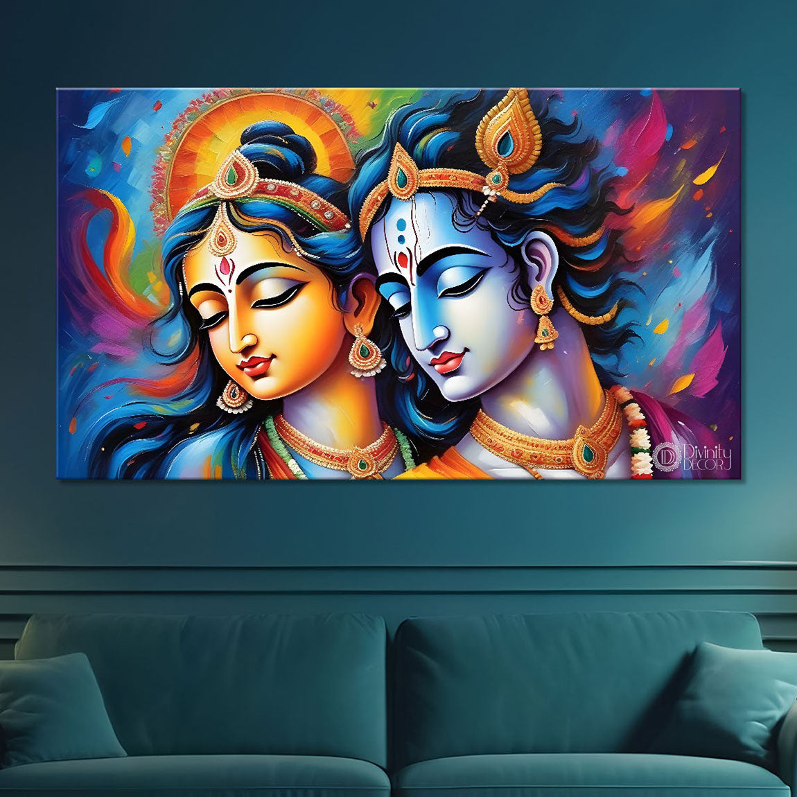Blue face of Krishna and Radha with colorful background painting Canvas Painting - Design - Krishna-183