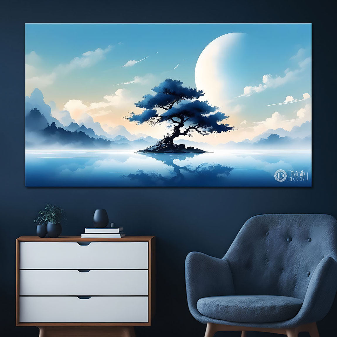 Tree with half moon in textured water color art Canvas Painting - Nature Art -183