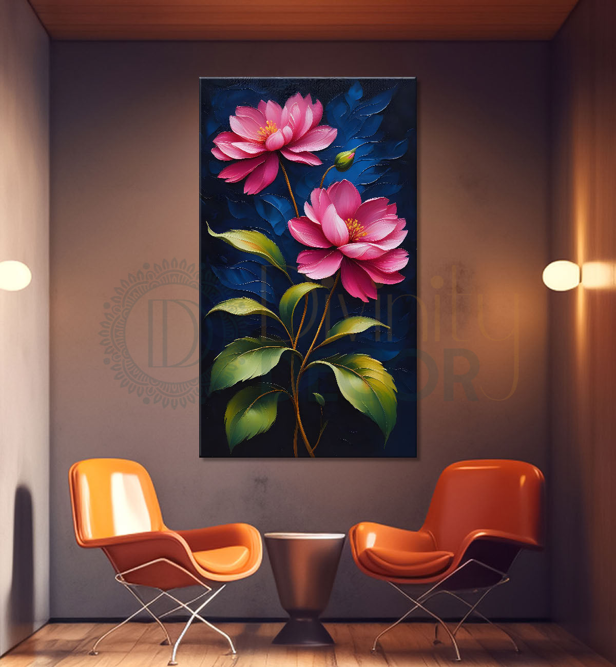 Pink flowers in dark textured painting- Flower-V-183