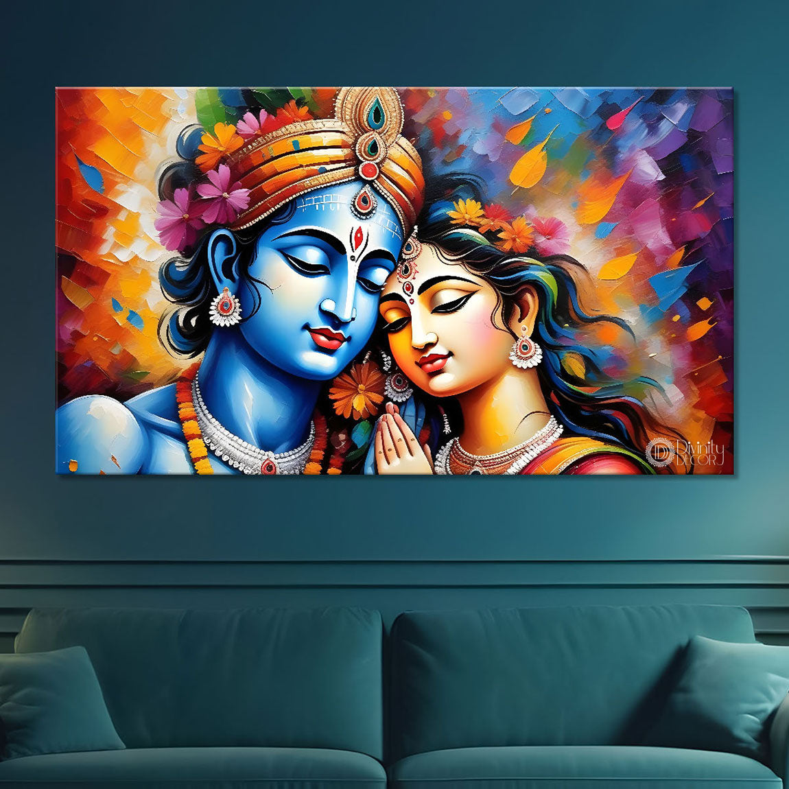 Blue face of Krishna and Radha with colorful background painting Canvas Painting - Design - Krishna-184