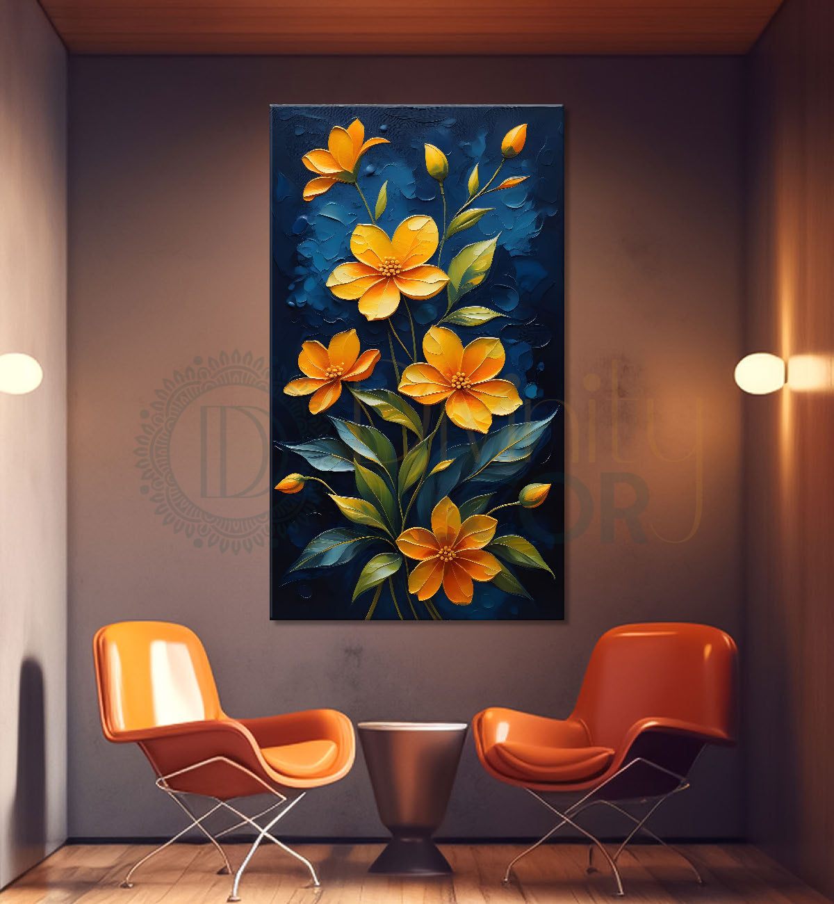 Yellow flowers in navy blue textured background painting- Flower-V-184