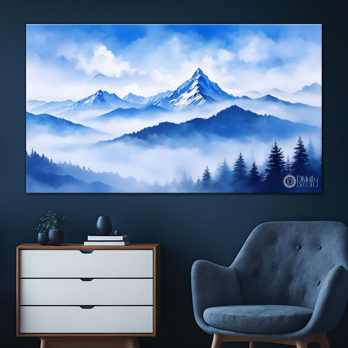 Mountains and clouds with trees in textured water color art Canvas Painting - Nature Art -184