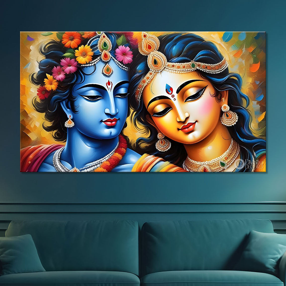 Blue face of Krishna and Radha with colorful background painting Canvas Painting - Design - Krishna-185