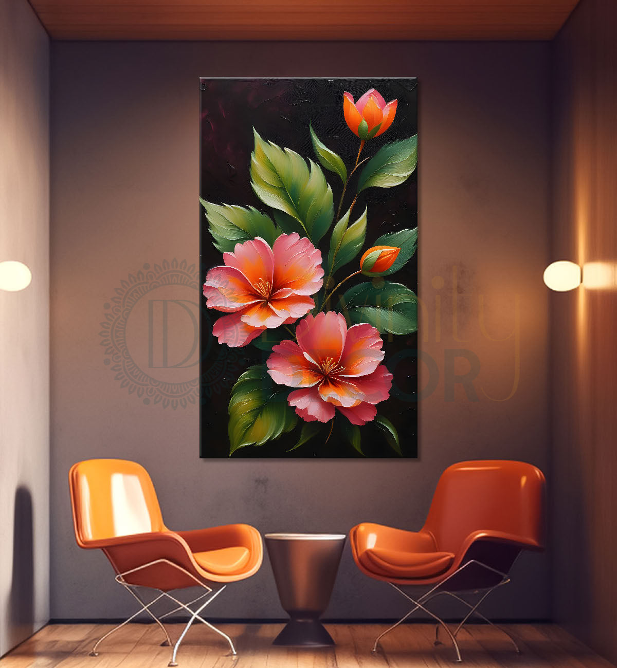 Pink hibiscus flowers in dark textured painting- Flower-V-185