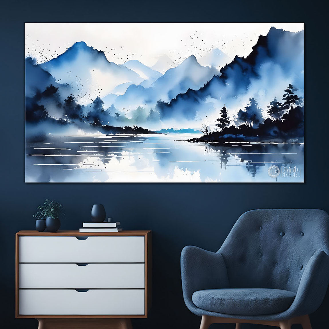 Mountains with river and trees with water color textured art Canvas Painting - Nature Art -185