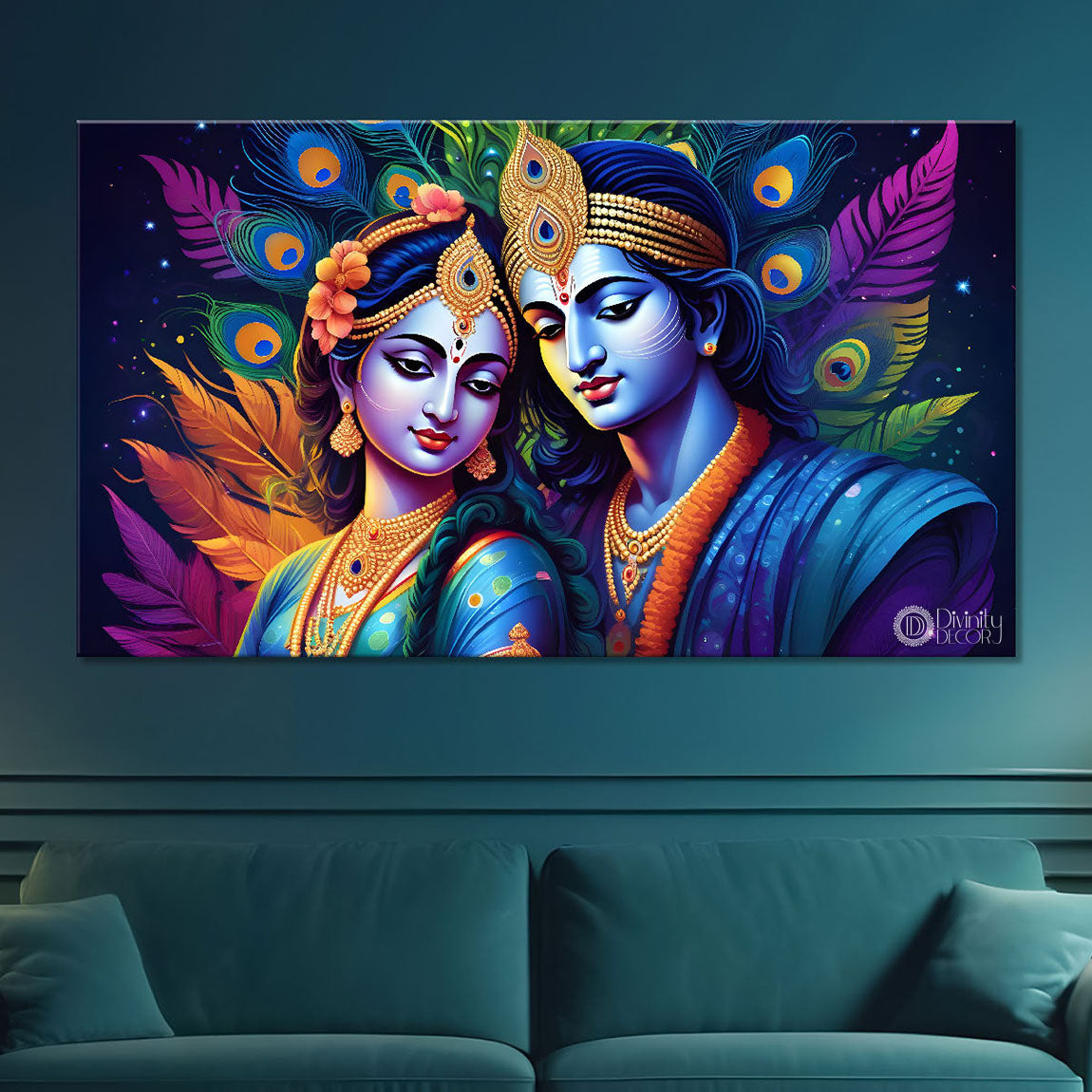 Blue face of Krishna and Radha with colorful background painting Canvas Painting - Design - Krishna-186
