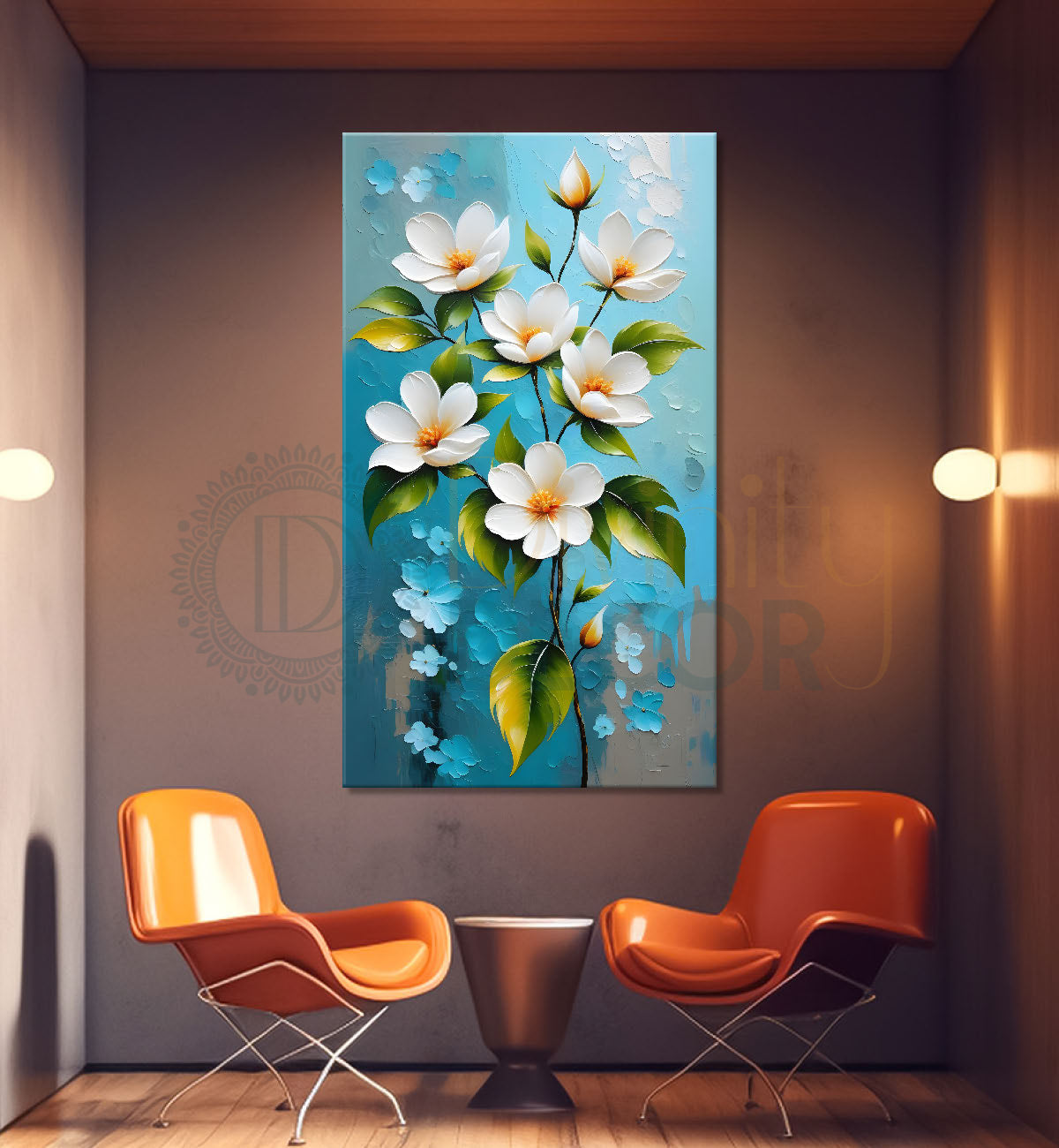 White flowers in sky blue textured background painting- Flower-V-186