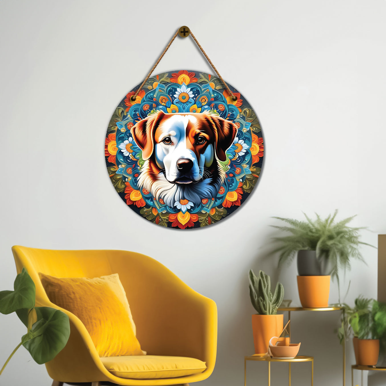 Dog in green and orange mandala Round Wooden Wall Hanging for wall Décor - Design - 186