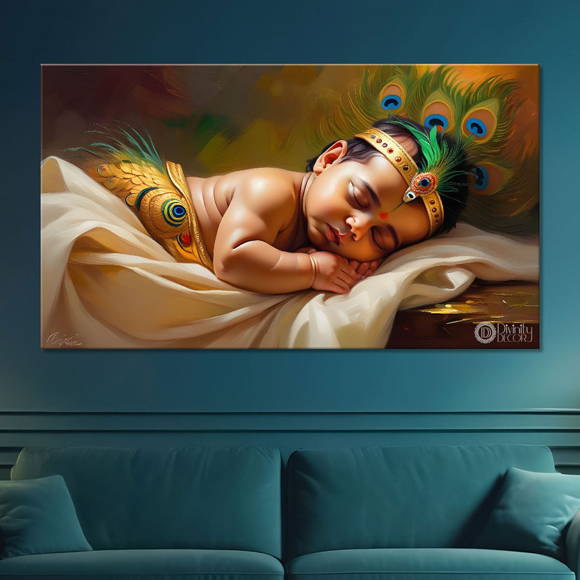 Little Krishna sleeping in bright textured painting Canvas Painting - Design - Krishna-187