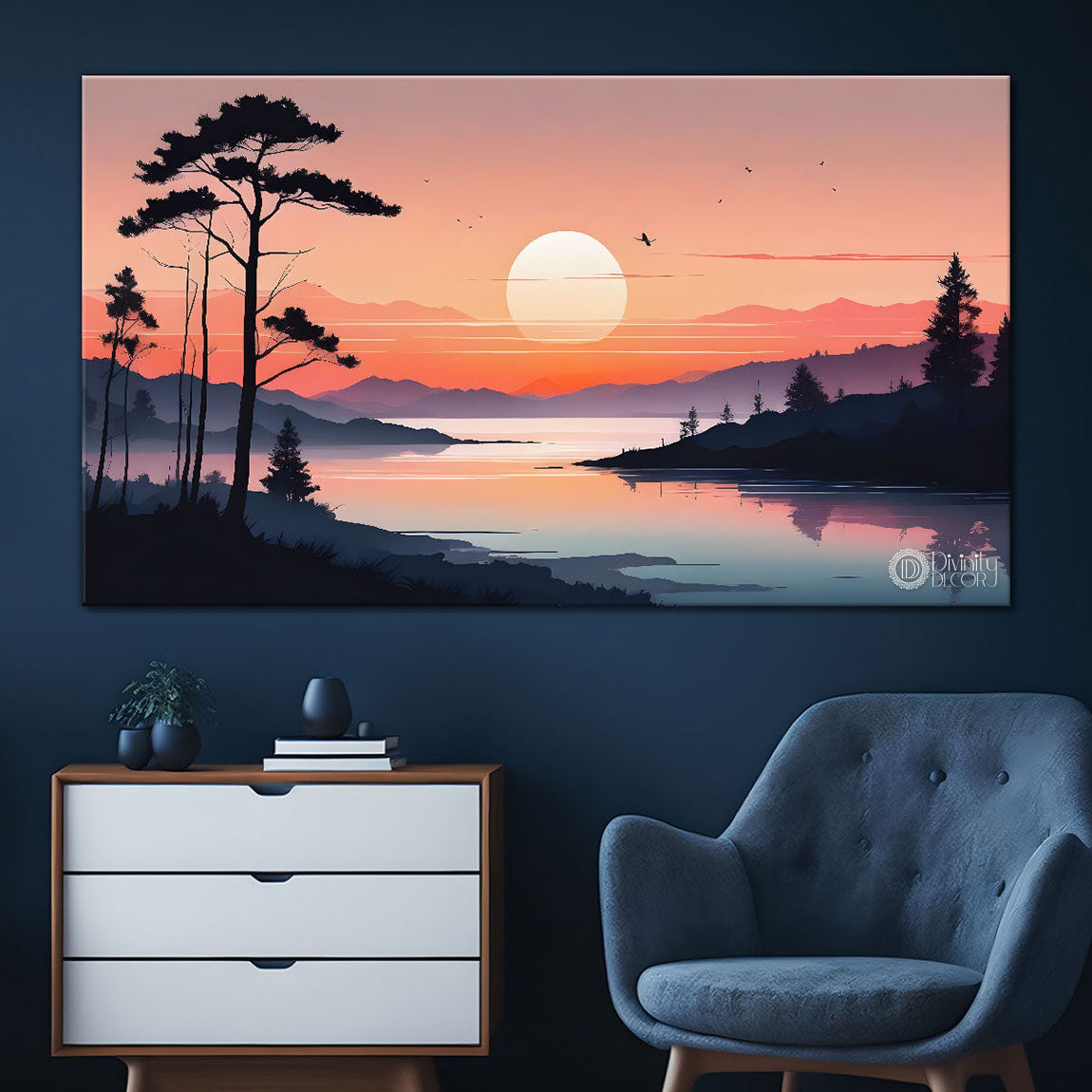 Sunset with mountain water color painting Canvas Painting - Nature Art -187