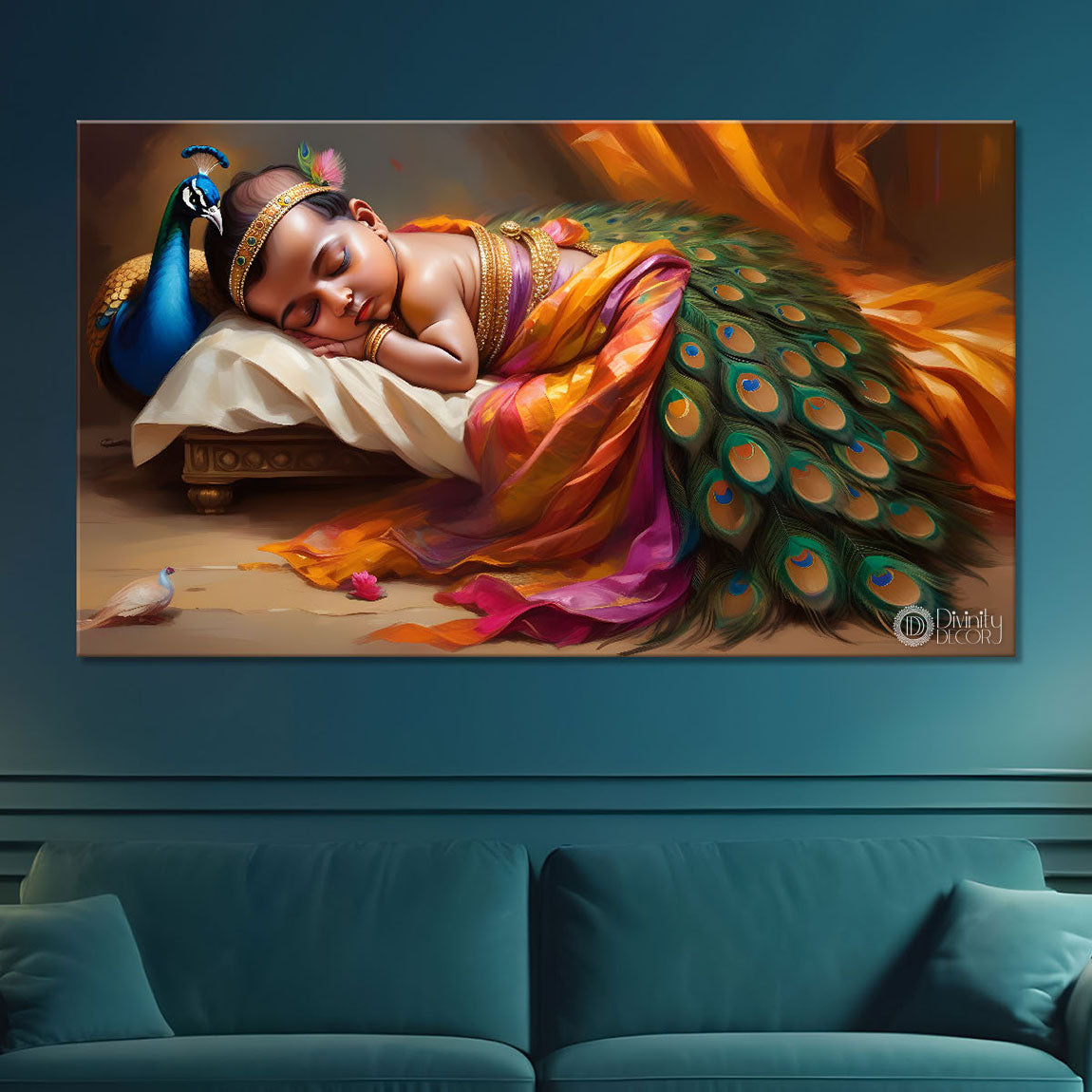 Little Krishna sleeping in bright textured painting Canvas Painting - Design - Krishna-188