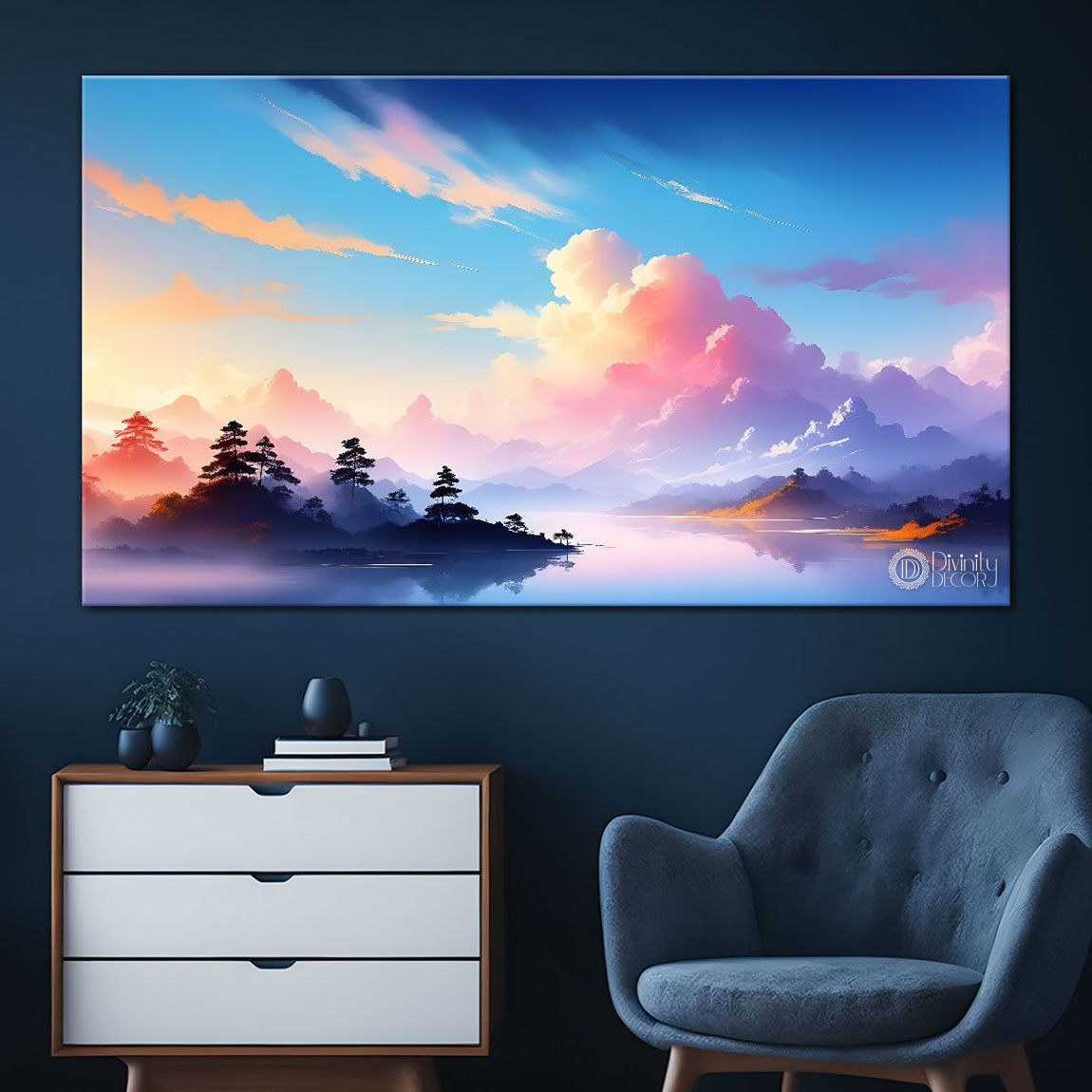 Mountains with clouds  water color painting Canvas Painting - Nature Art -188