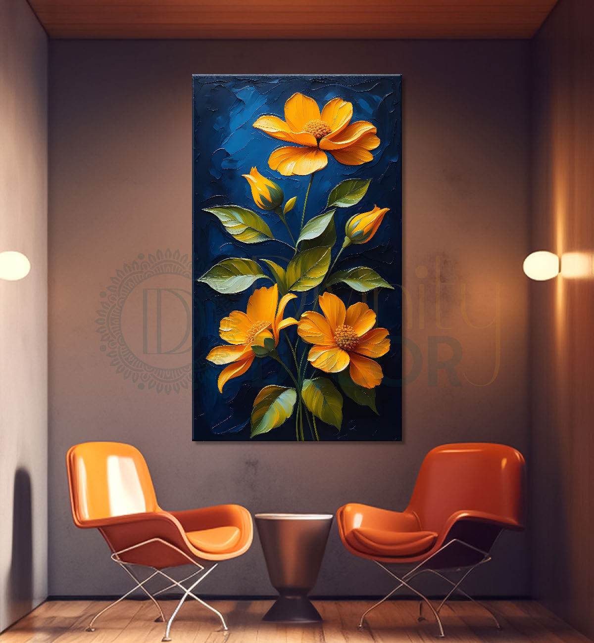 Yellow flowers in navy blue textured background painting- Flower-V-188