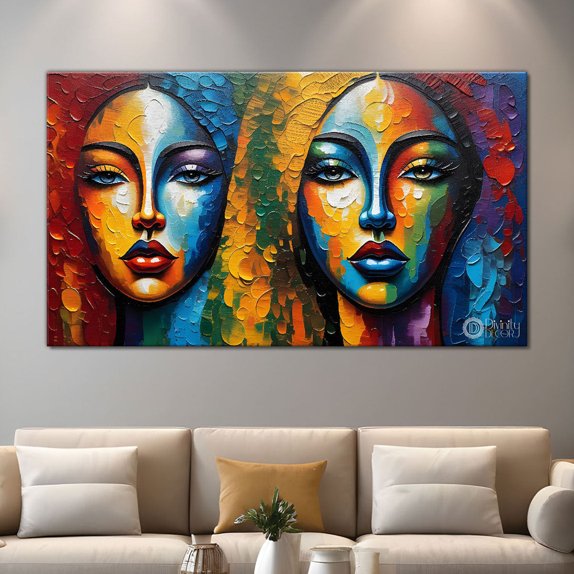 Two colorful textured woman face Canvas Painting - Design - Modern-L-188