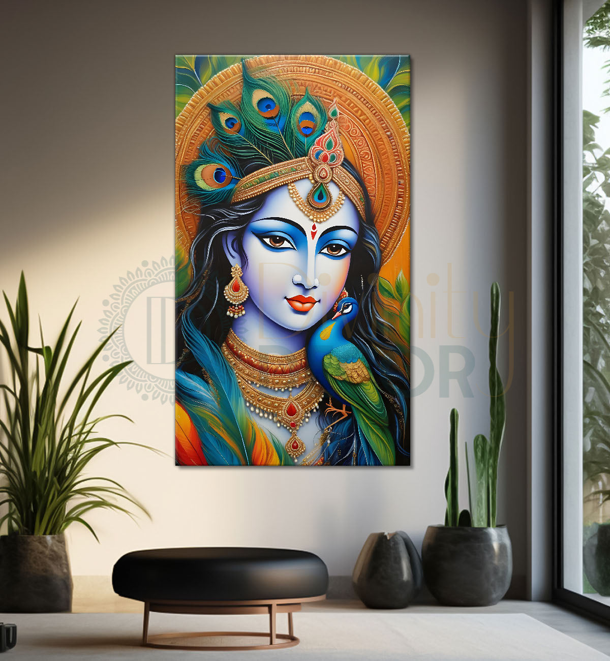 Blue face of krishna in orange background textured art Canvas Painting - Design - Krishna-V-18