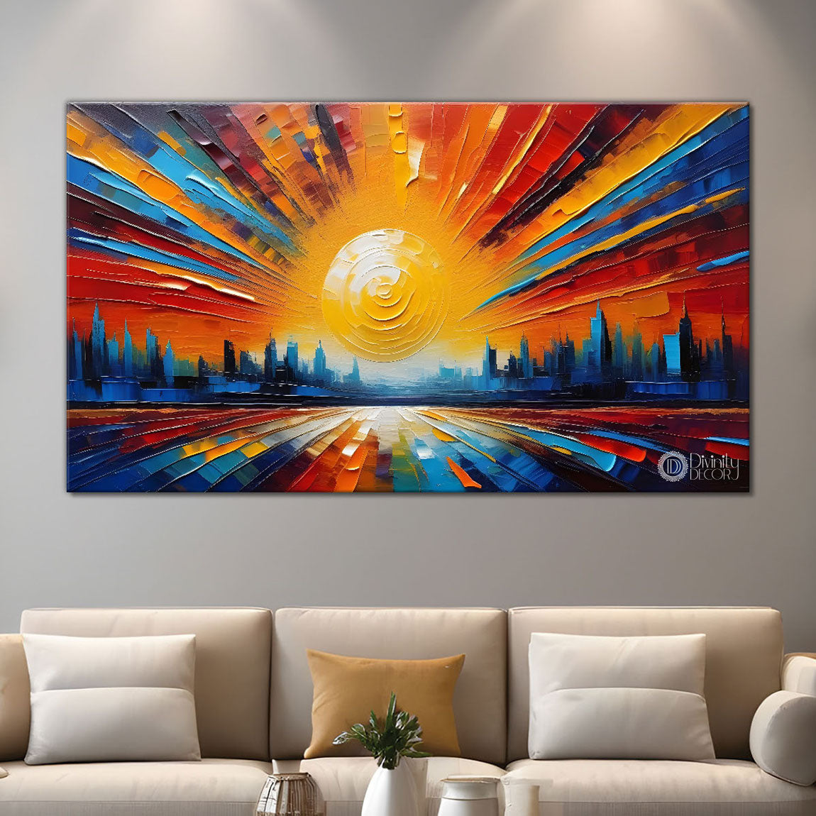 Sunset in city view textured modern art Canvas Painting - Design - Modern-L-191