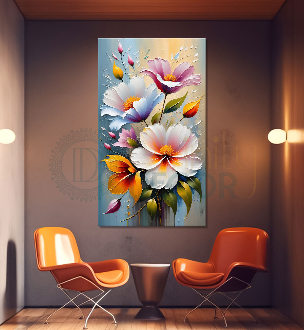 Colourful flowers in grey textured background painting- Flower-V-191