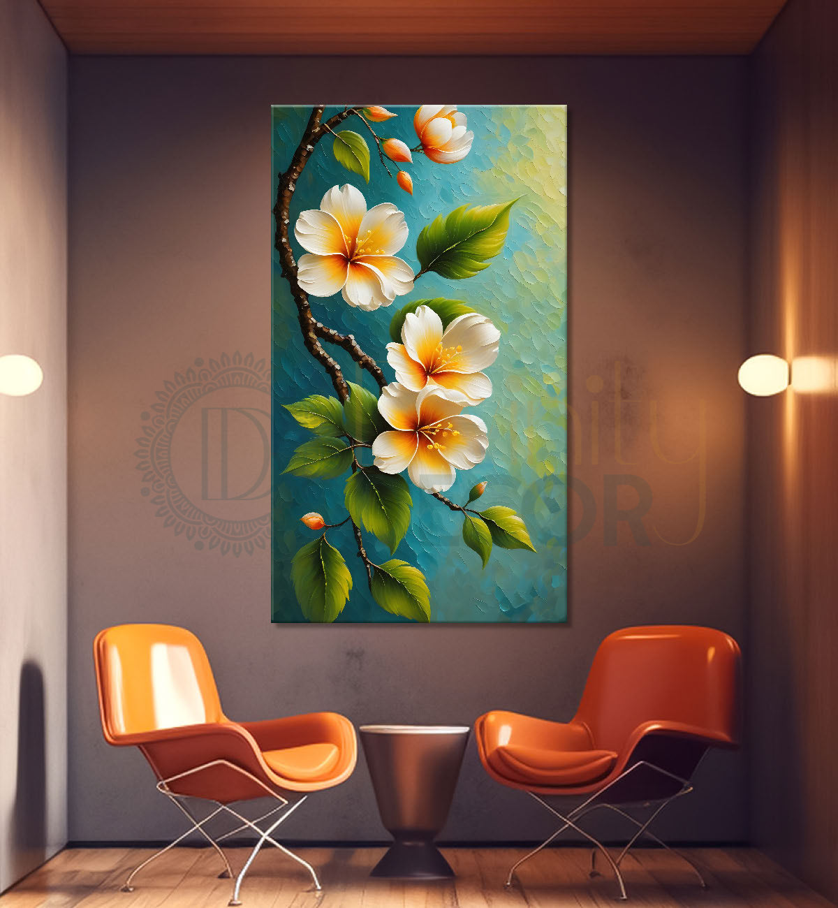 White flowers in green textured background painting- Flower-V-192