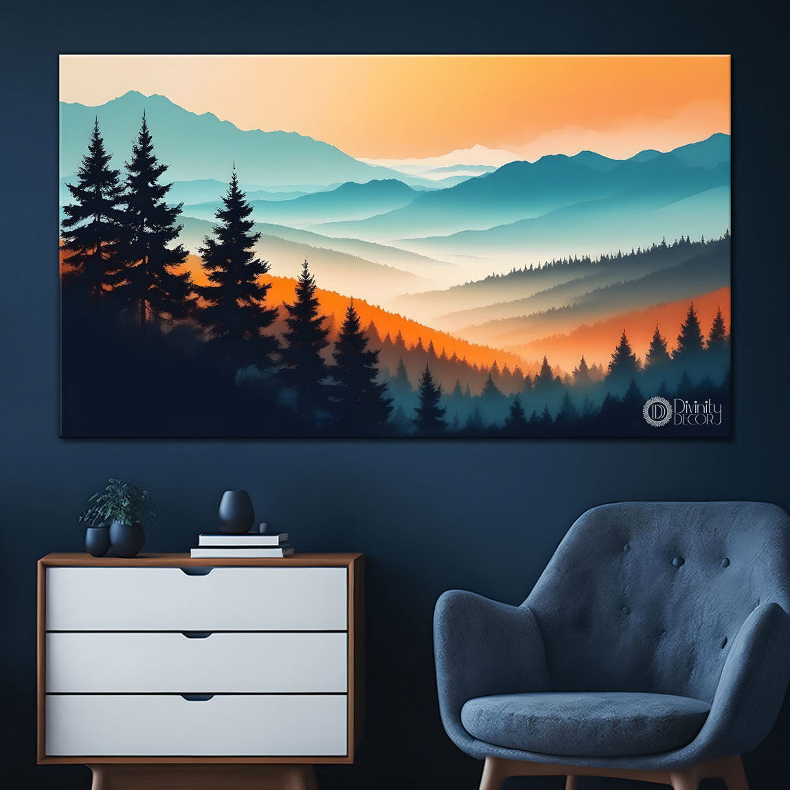 Mountains with trees in orange sky painting Canvas Painting - Nature Art -193