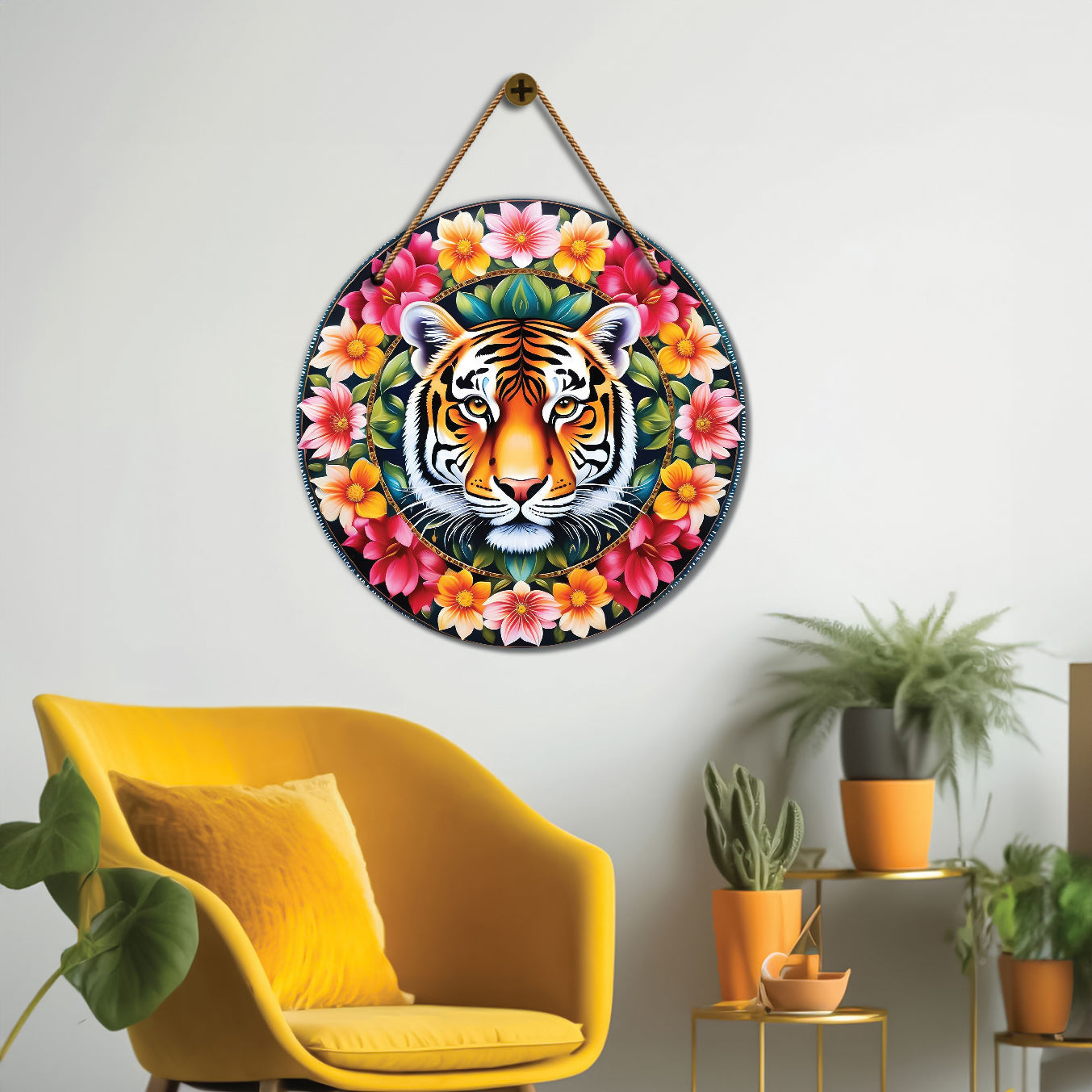Tiger in green and floral mandala Round Wooden Wall Hanging for wall Décor - Design - 193