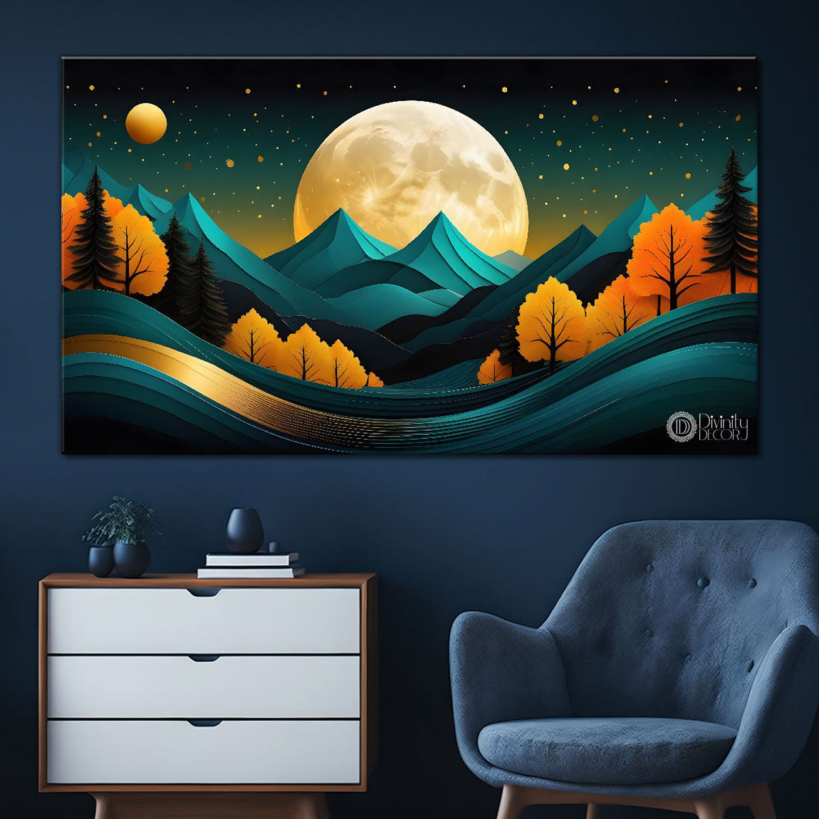 Moon with mountains in textured painting Canvas Painting - Nature Art -194