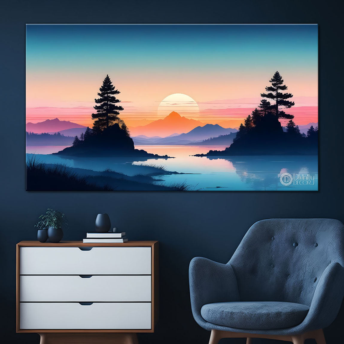 Mountains with sunset and trees water color painting Canvas Painting - Nature Art -195