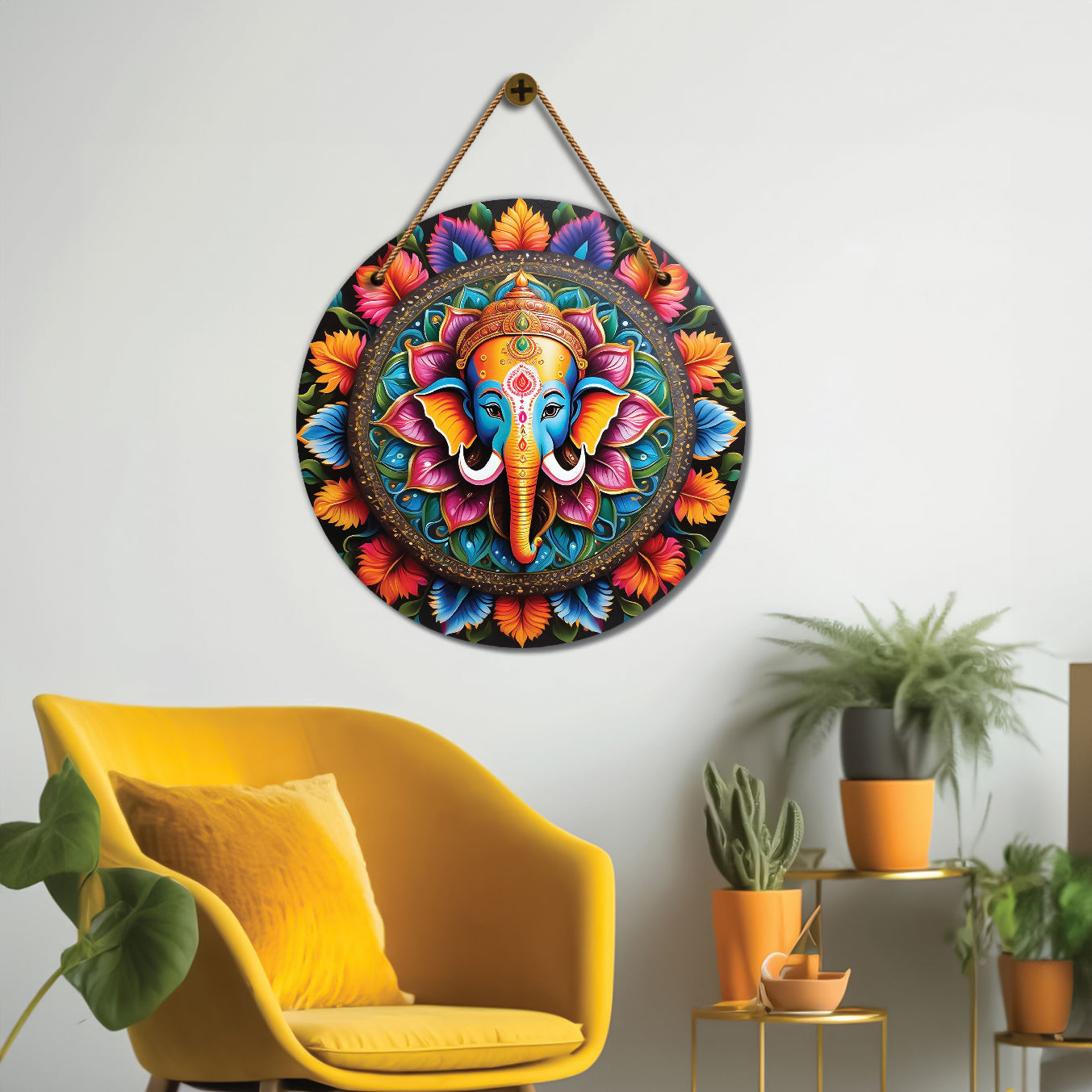 Ganesh Ji in orange and pink mandala Round Wooden Wall Hanging for wall Décor - Design - 196