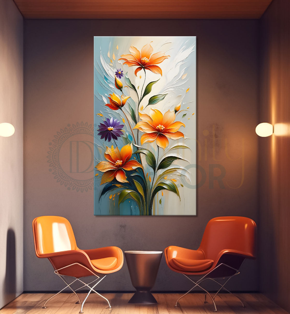 Orange flowers in grey textured background painting- Flower-V-197