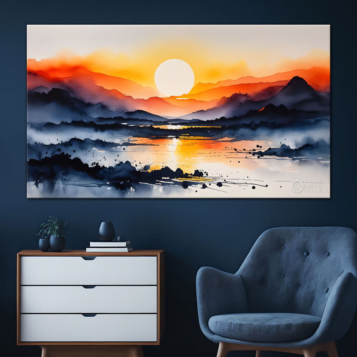 Mountains with sunset water color painting Canvas Painting - Nature Art -197