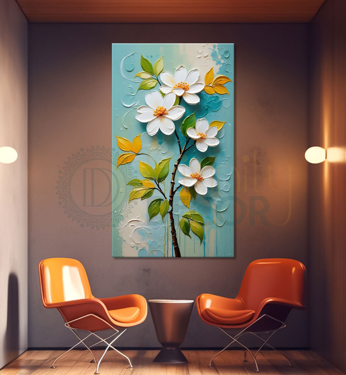 White flowers in blue textured background painting- Flower-V-198