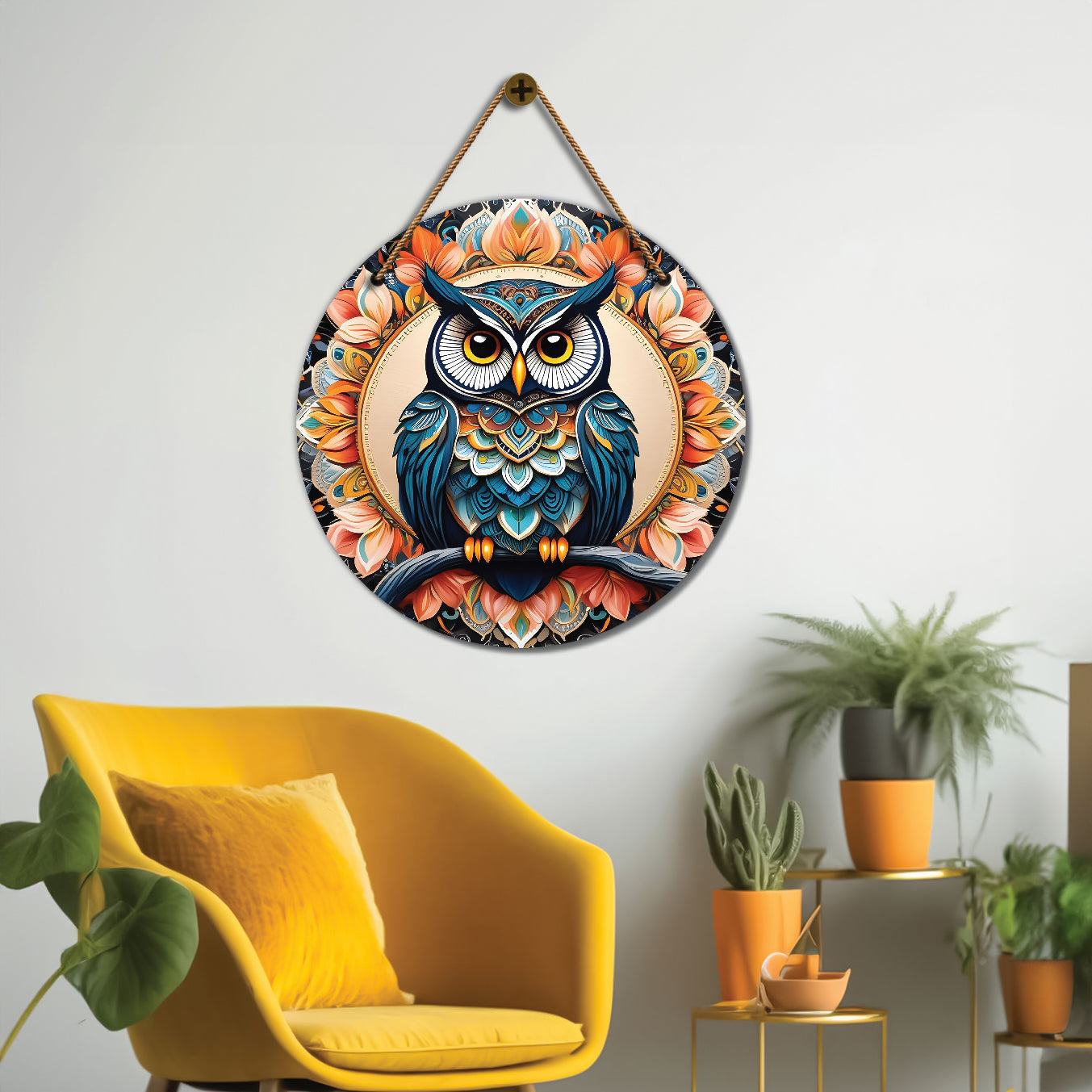 Owl in peach and black mandala Round Wooden Wall Hanging for wall Décor - Design - 198