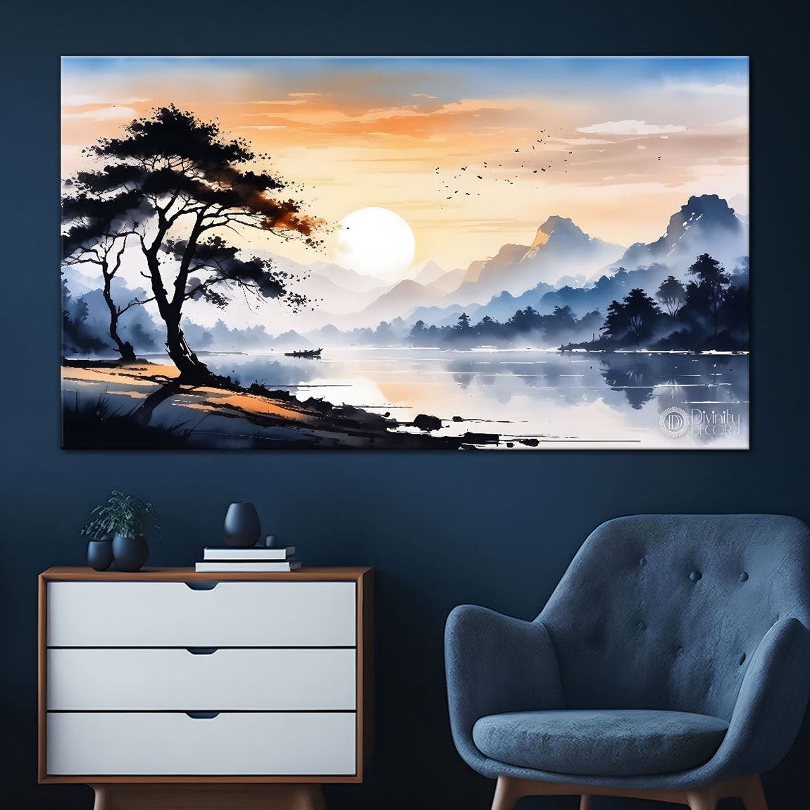 Mountains with tree water color painting Canvas Painting - Nature Art -198