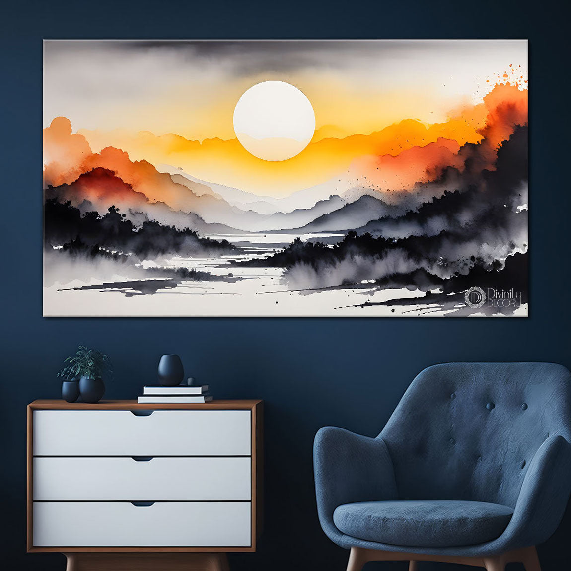 Mountains and sun water color painting Canvas Painting - Nature Art -199
