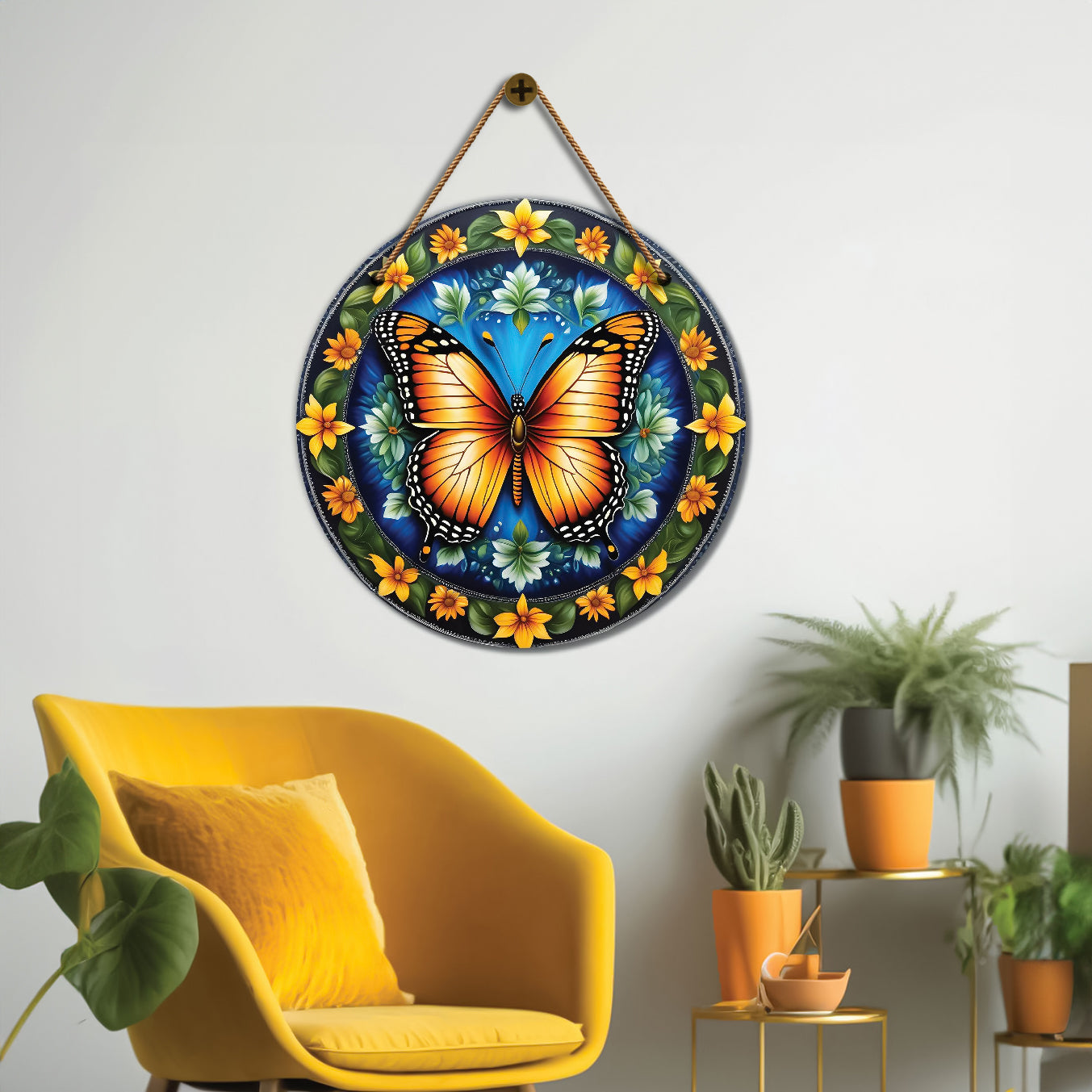 Butterfly in green and floral mandala Round Wooden Wall Hanging for wall Décor - Design - 199